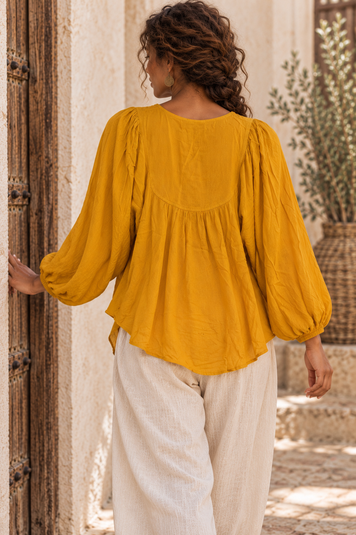 Mustard Balloon Sleeve Boho Blouse – Flowy Button Bib Peasant Top
