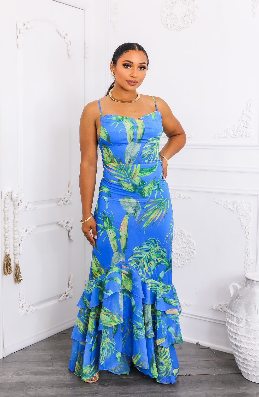 Bold Blue Leaf Print Maxi Dress with Ruffle Hem