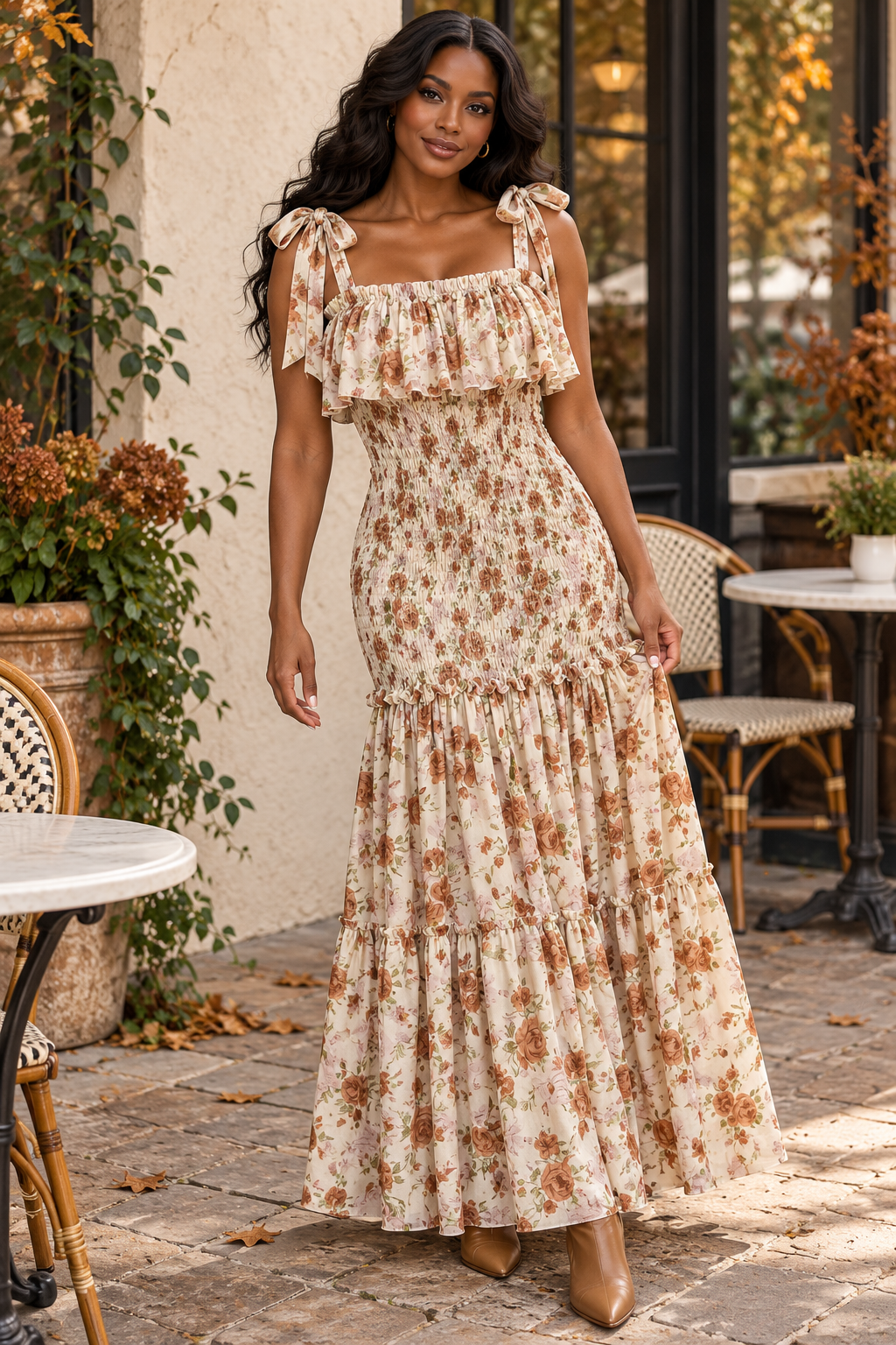 Smocked Tiered Maxi Dress – Cream Rust Floral Tie Strap Sundress