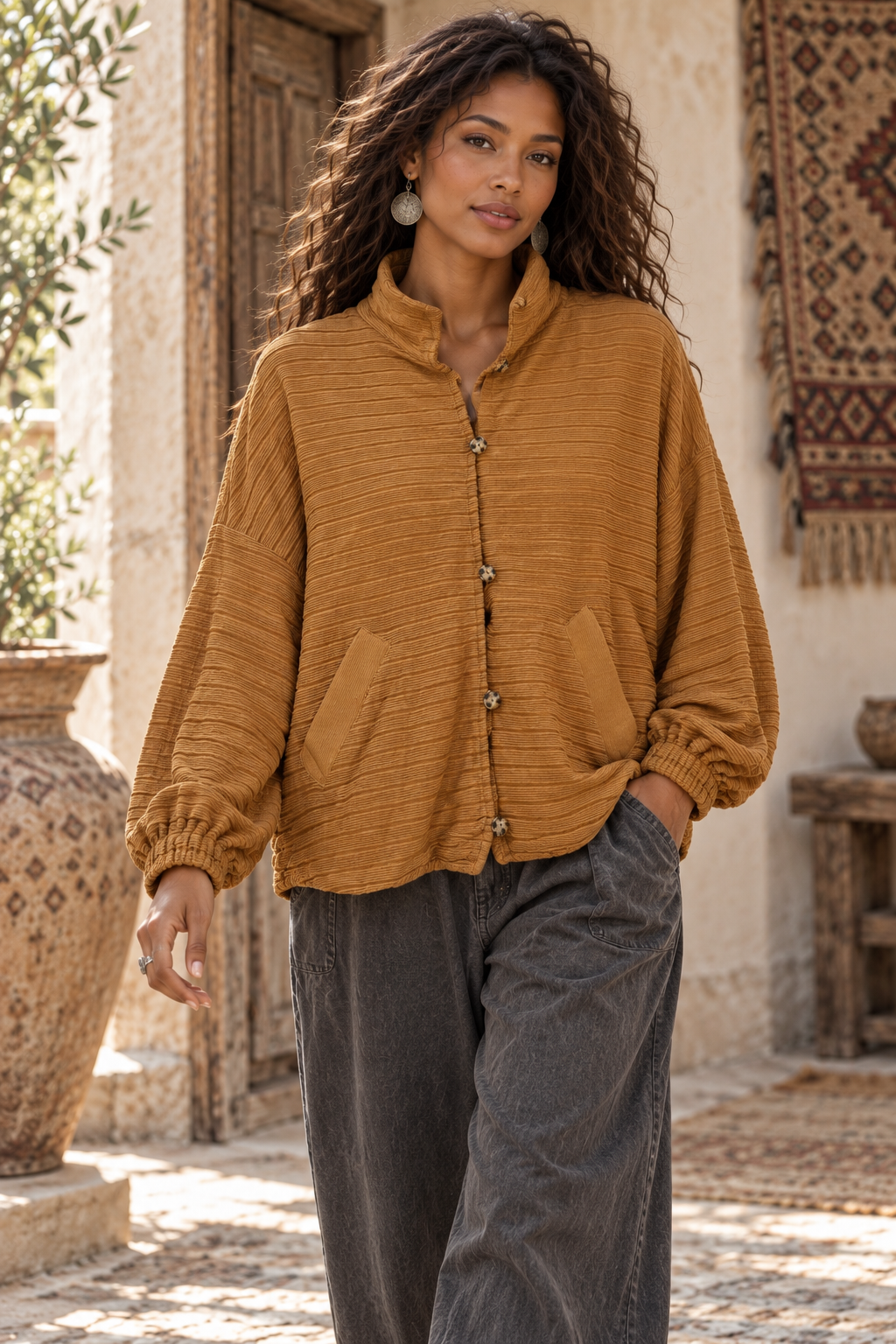 Camel Ribbed Bomber Jacket – Boho Mock Neck Oversized Button Jacket