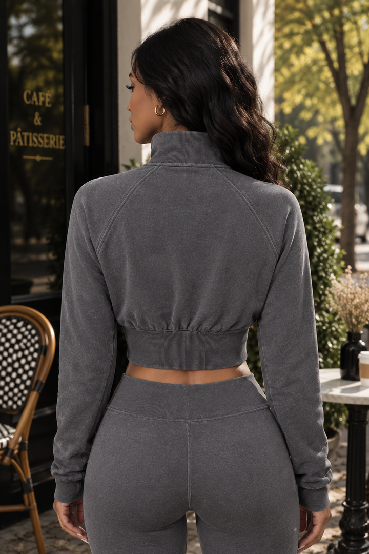 Cropped Mock Neck Zip-Up Jacket – Charcoal Gray Athleisure Set Top