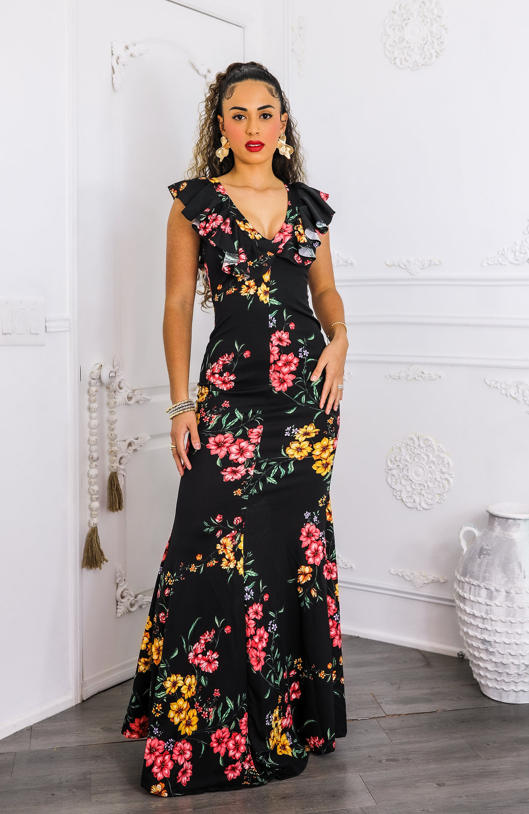 Two-Way Black Floral Ruffle Maxi Dress | SurelyMine