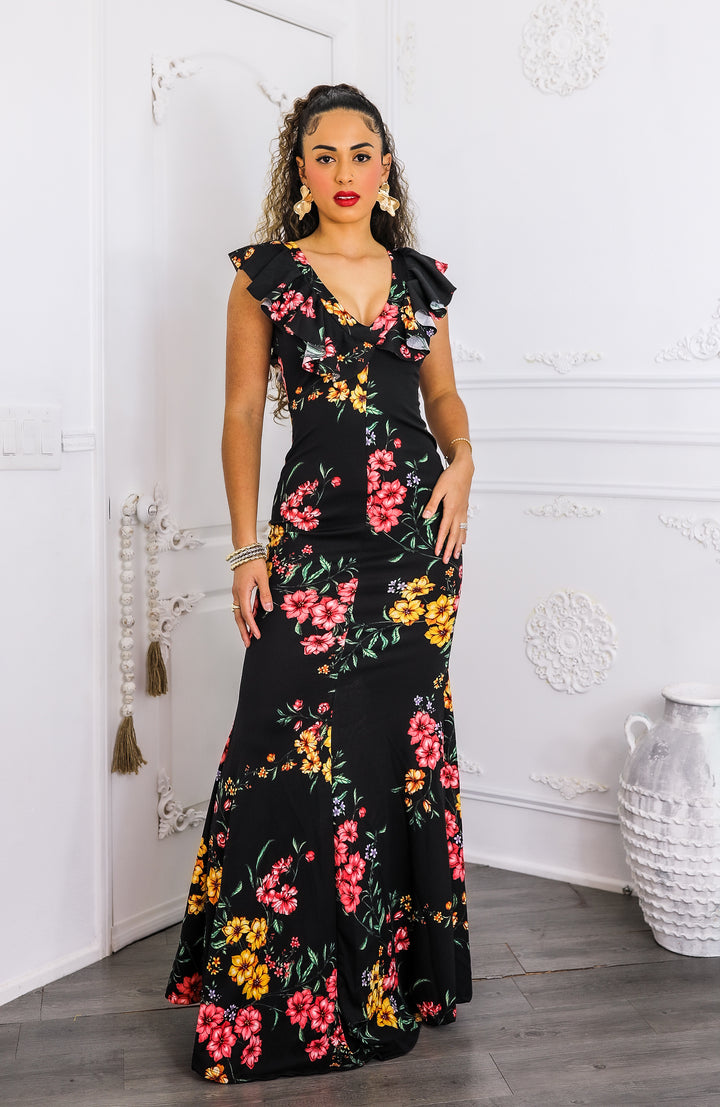 Two-Way Black Floral Ruffle Maxi Dress | SurelyMine