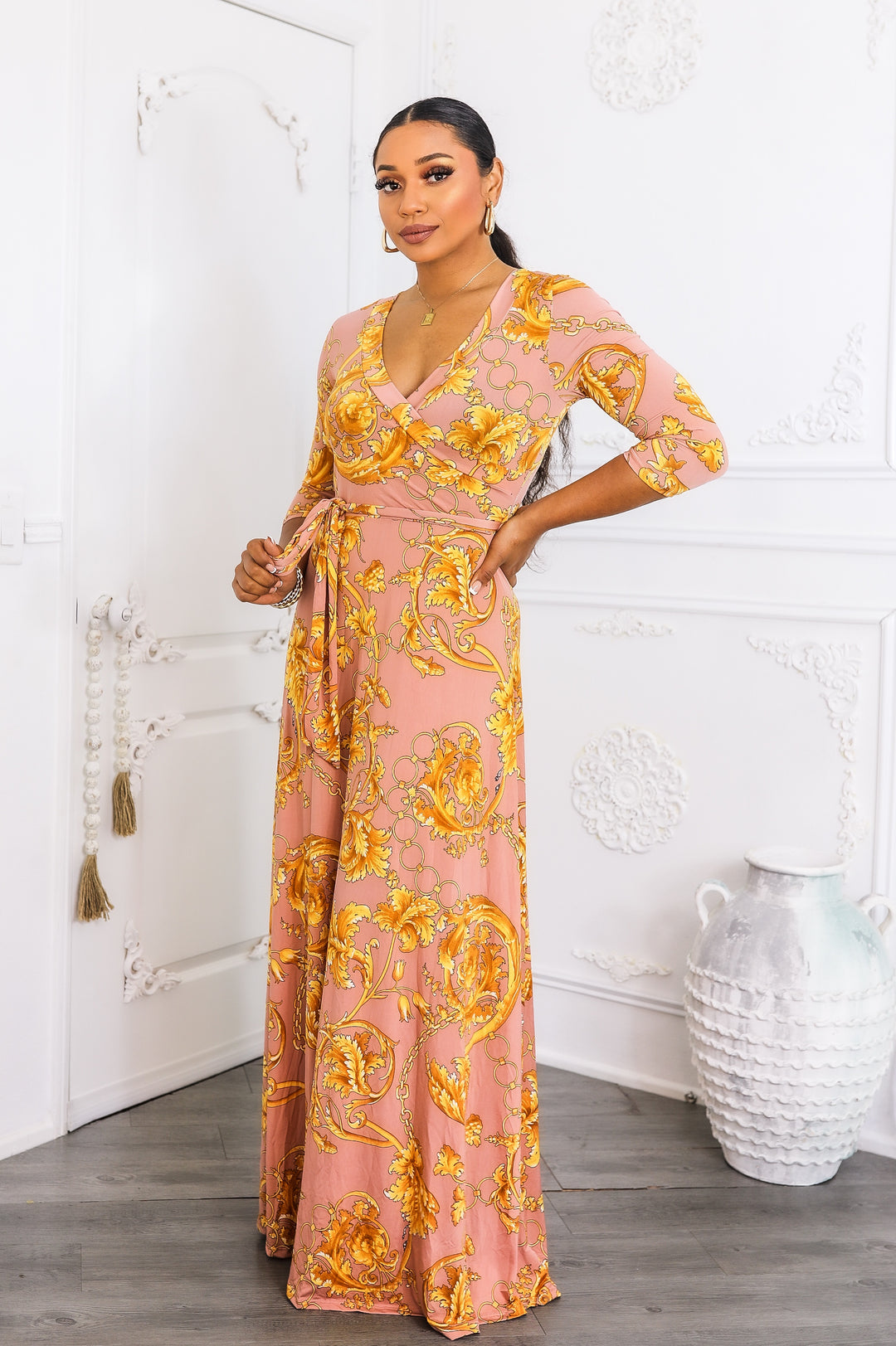 Blush Gold Wrap Maxi Dress | Elegant Long Sleeve Boho Dress