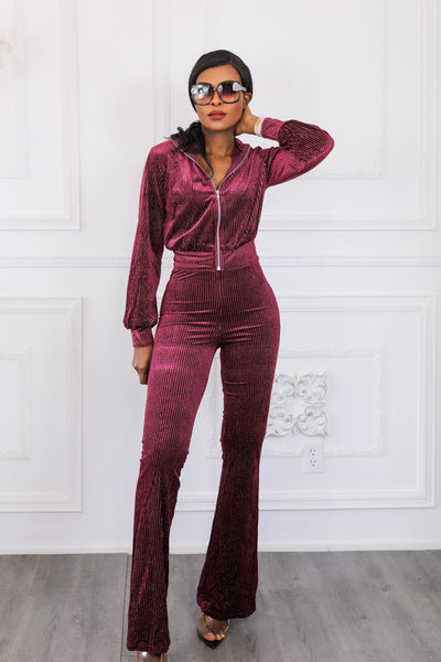 Glam Babe Velvet Two Pieces Set Bomber Jacket and Flare Pants