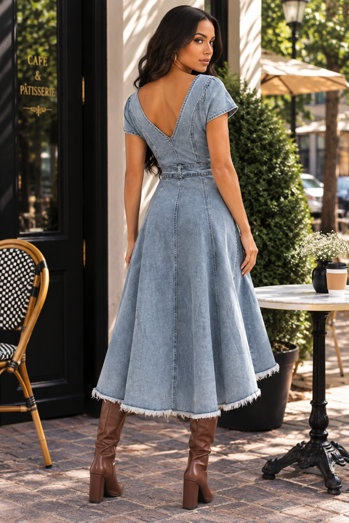 Denim Button Front Midi Dress – High Low Boho Sundress