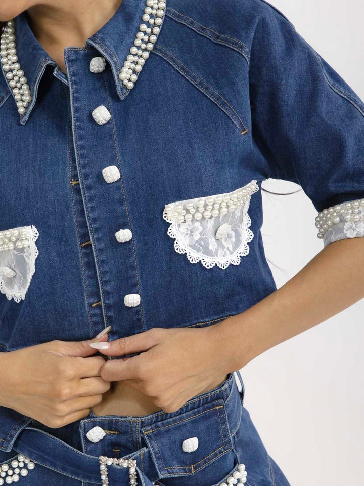Pearl Lace Denim Crop Jacket & Ruffle Skirt Set