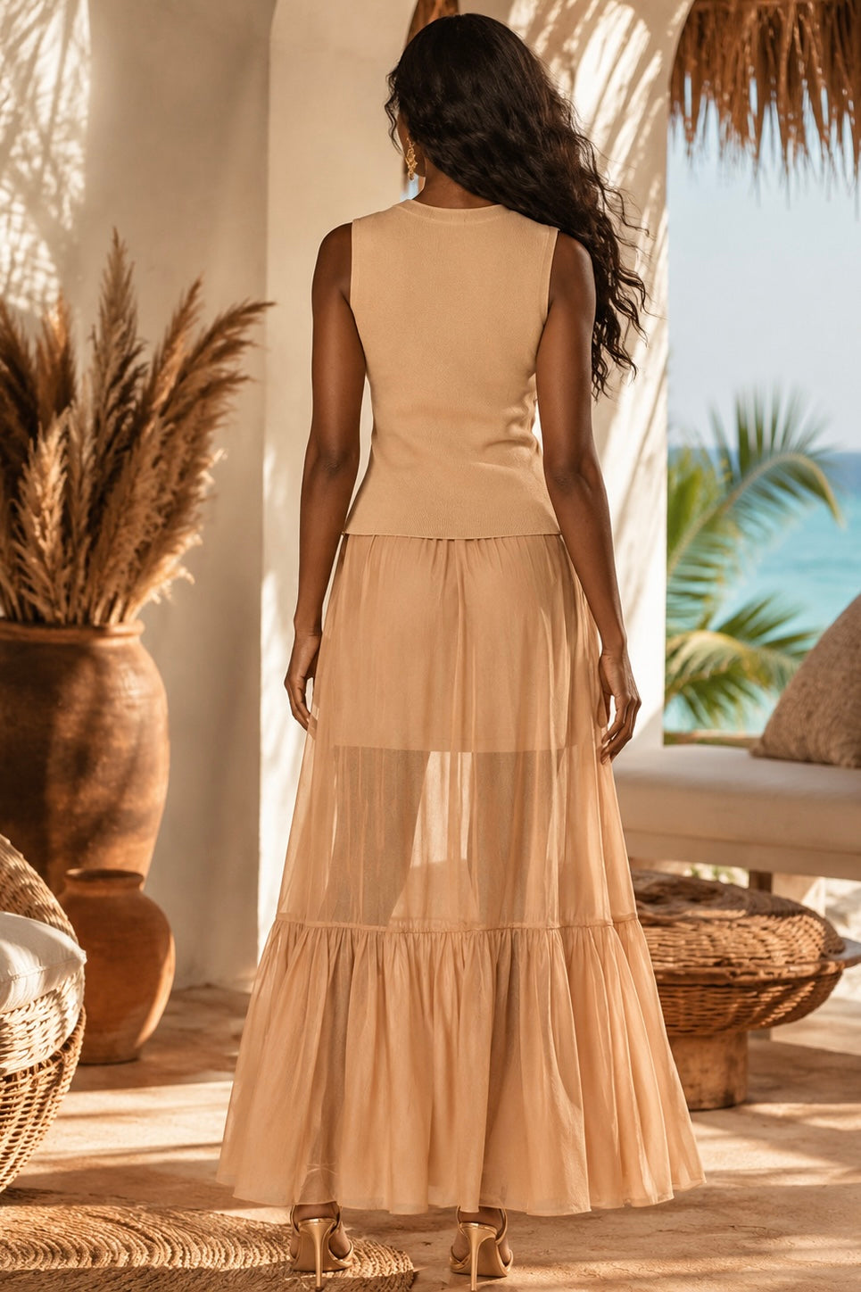 Sheer Maxi Skirt & Knit Vest Two-Piece Set