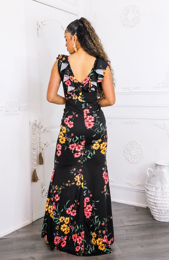 Two-Way Black Floral Ruffle Maxi Dress | SurelyMine