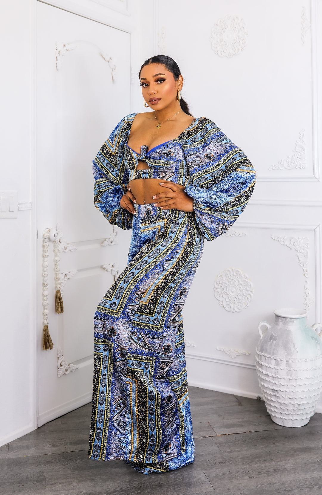 Bold Baroque Print Two-Piece Set – Tie Front Crop & Wide Pants