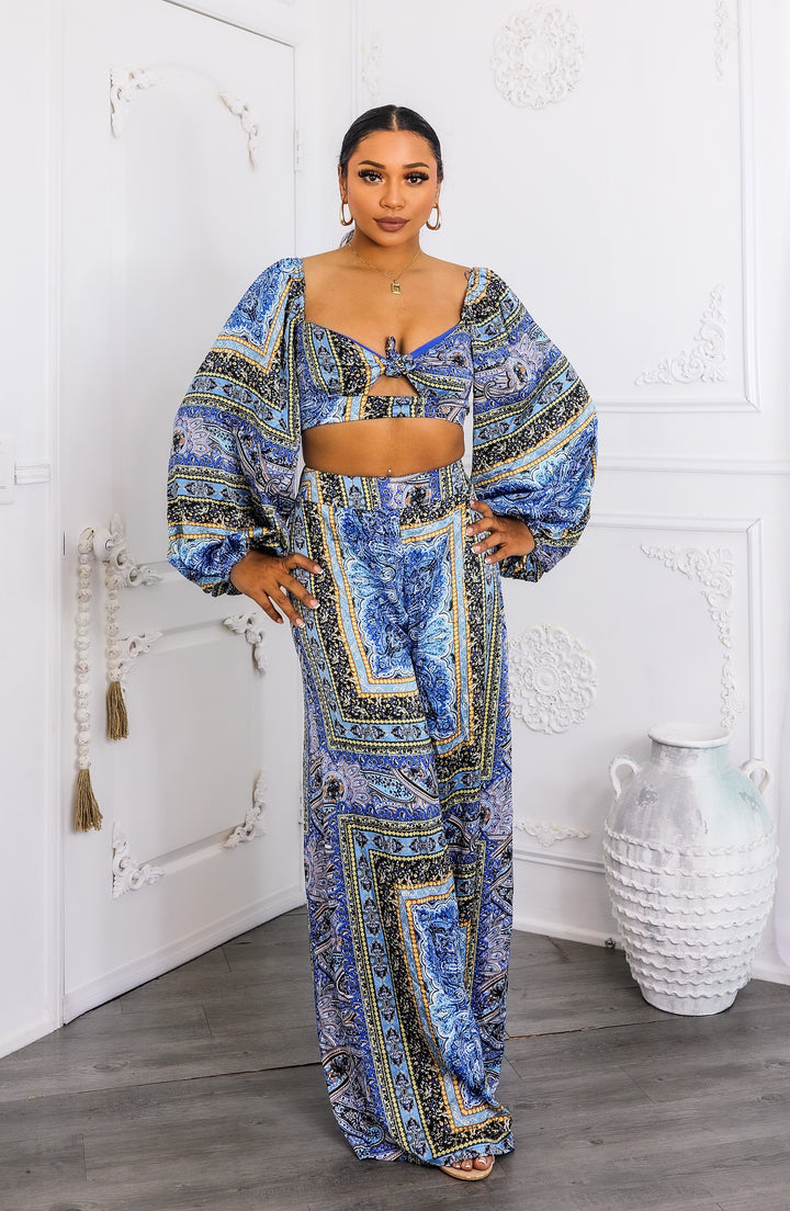 Bold Baroque Print Two-Piece Set – Tie Front Crop & Wide Pants