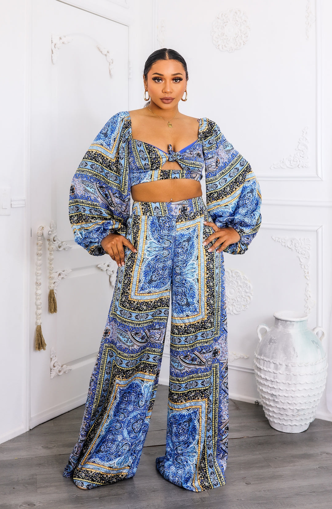 Bold Baroque Print Two-Piece Set – Tie Front Crop & Wide Pants
