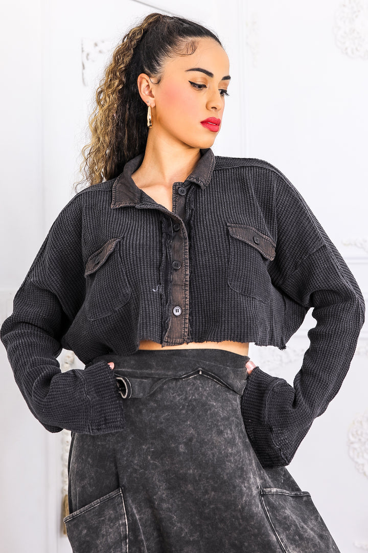 Textured Cropped Button-Up – Waffle Knit Utility Top Black