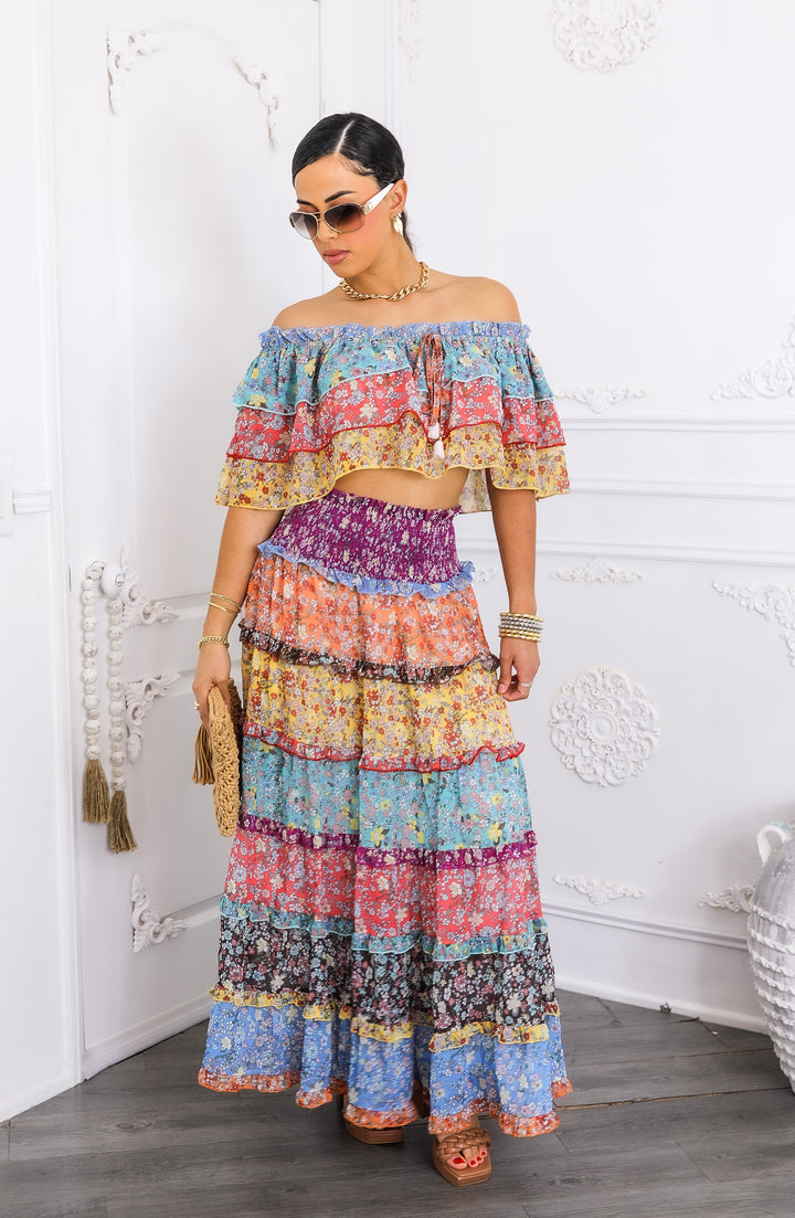 Boho Floral Ruffle Crop Top & Maxi Skirt Set