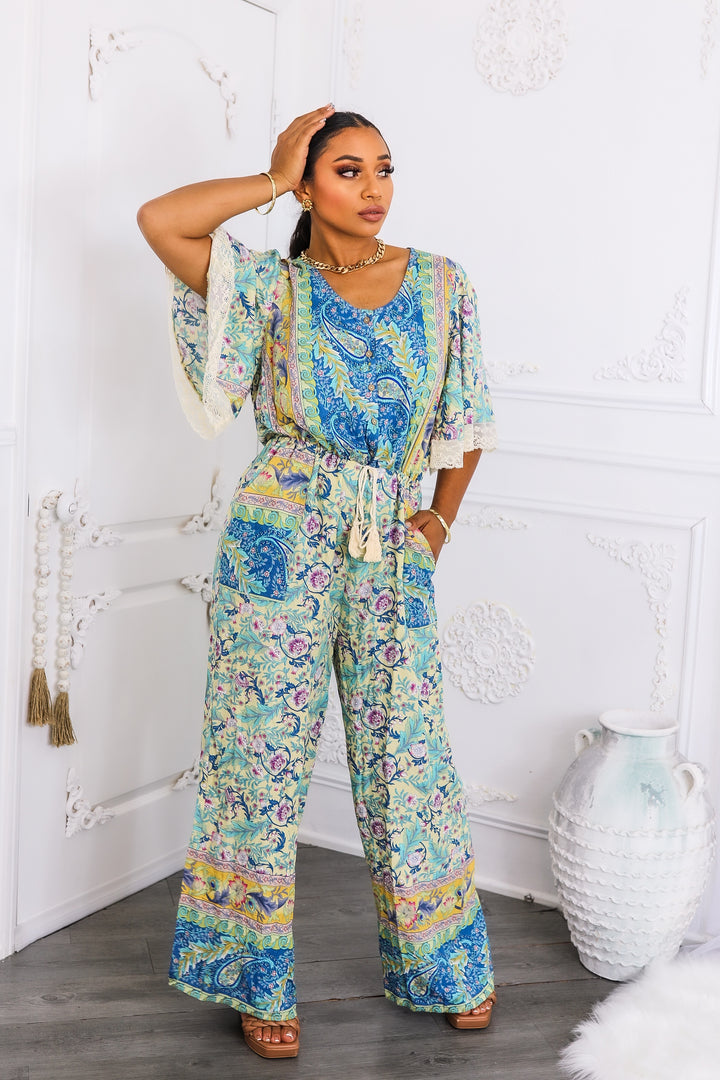 Boho Floral Print Jumpsuit with Lace Trim Sleeves
