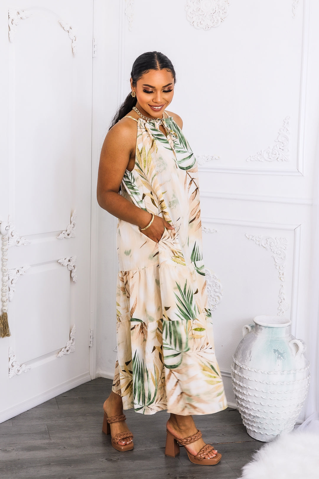Tropical Palm Tiered Maxi Dress – Sand & Sage