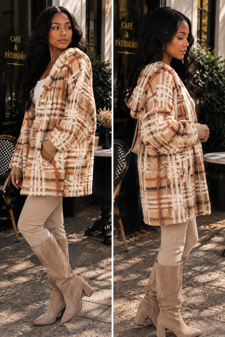 Cozy Plaid Sherpa Hooded Jacket – Oversized Teddy Coat
