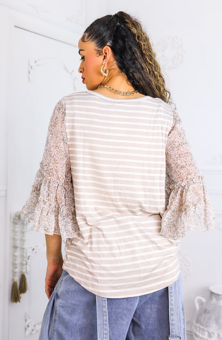 Blush Striped Top with Floral Ruffle Sleeves – Boho Blouse for Women