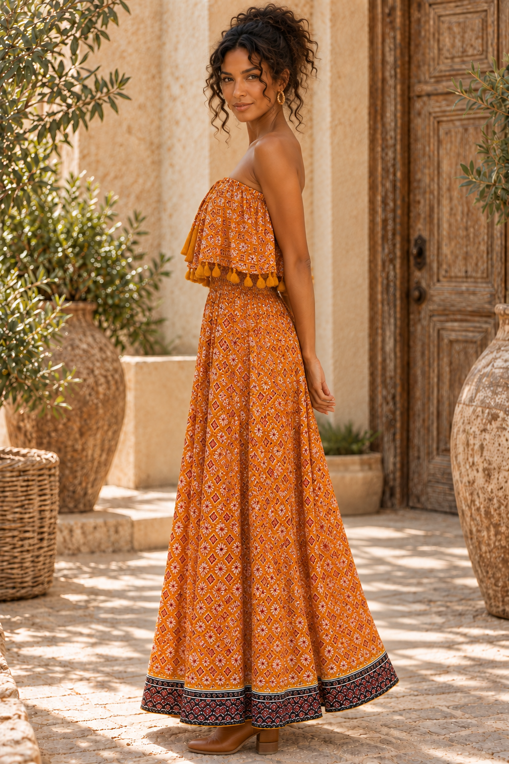 Orange Block Print Strapless Maxi Dress – Boho Tassel Ruffle Smocked Dress