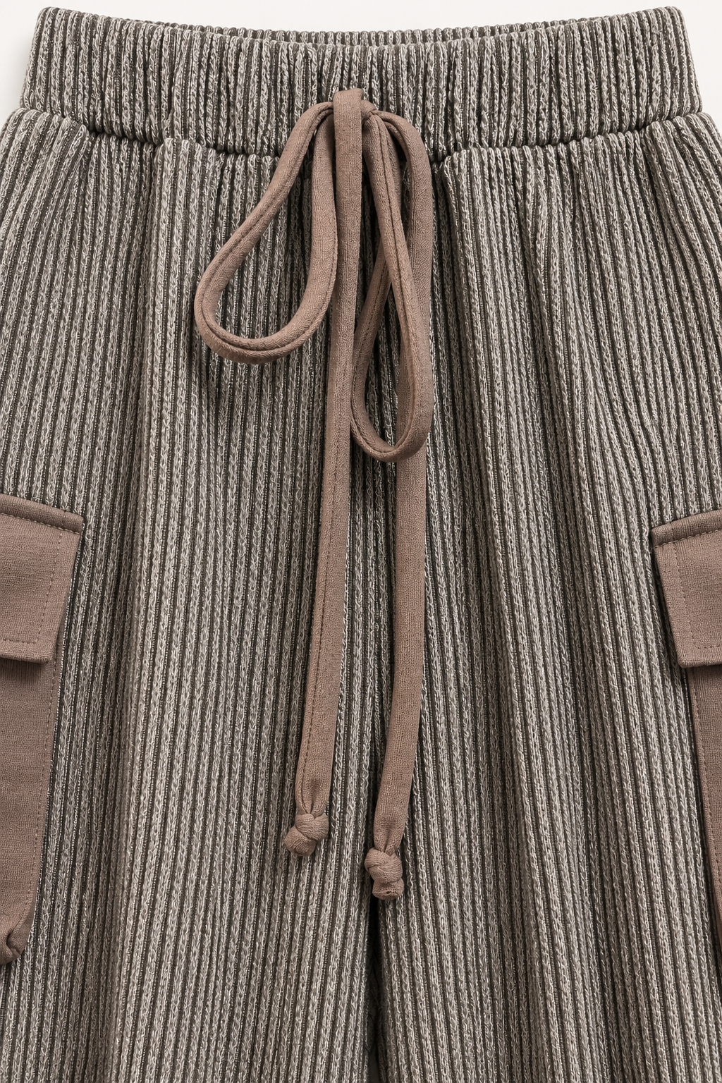Textured Wide Leg Cargo Pants – Mocha Brown Ribbed High Waist