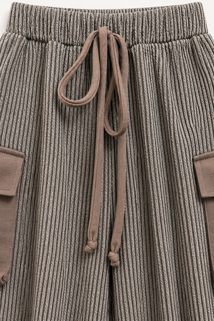 Textured Wide Leg Cargo Pants – Mocha Brown Ribbed High Waist