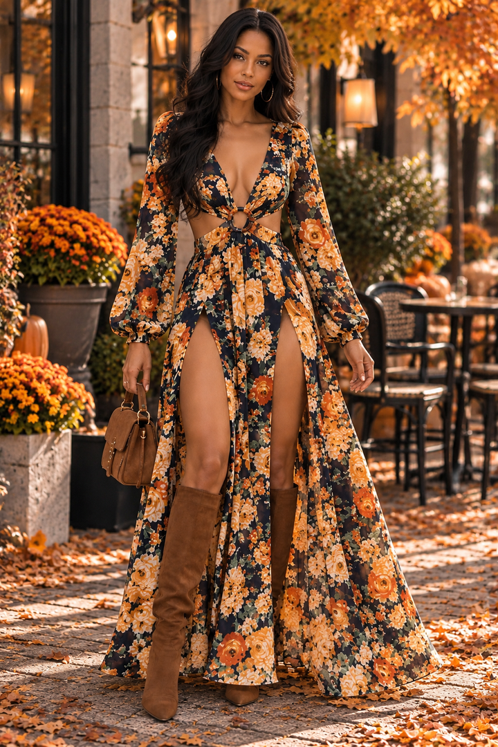 Floral Cutout Maxi Dress with Built-In Bodysuit | Double Slit Boho Dress