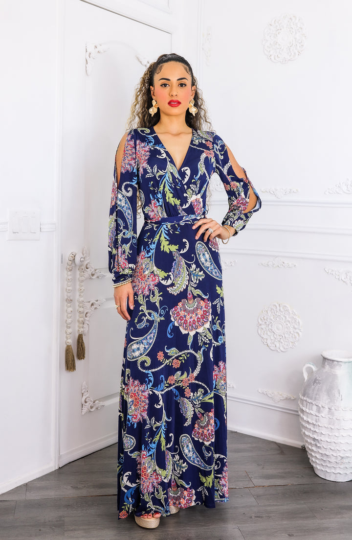 Navy Paisley Cutout Maxi Dress with Long Sleeves