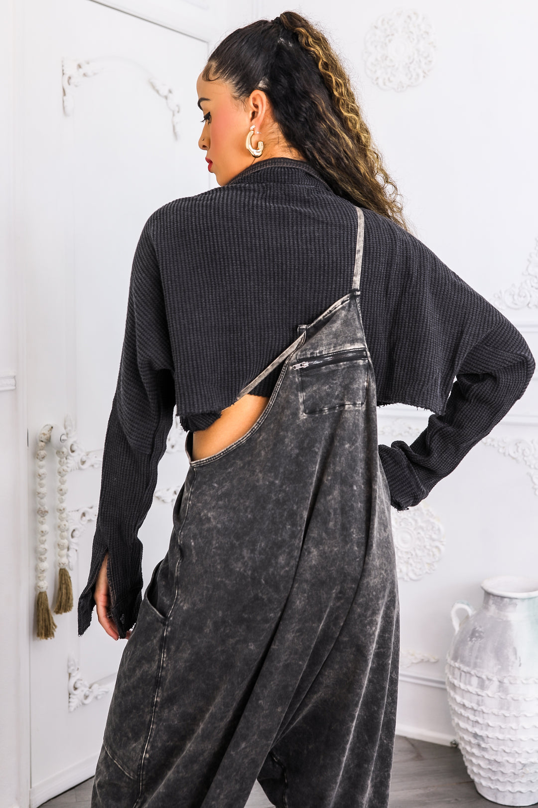 Textured Cropped Button-Up – Waffle Knit Utility Top Black