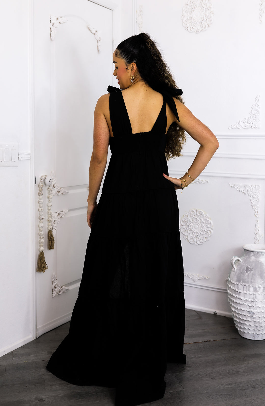 Black Tiered Maxi Dress Tie Shoulder Button Front Slit S Black Tiered Maxi Dress Tie Shoulder Button Front Slit S