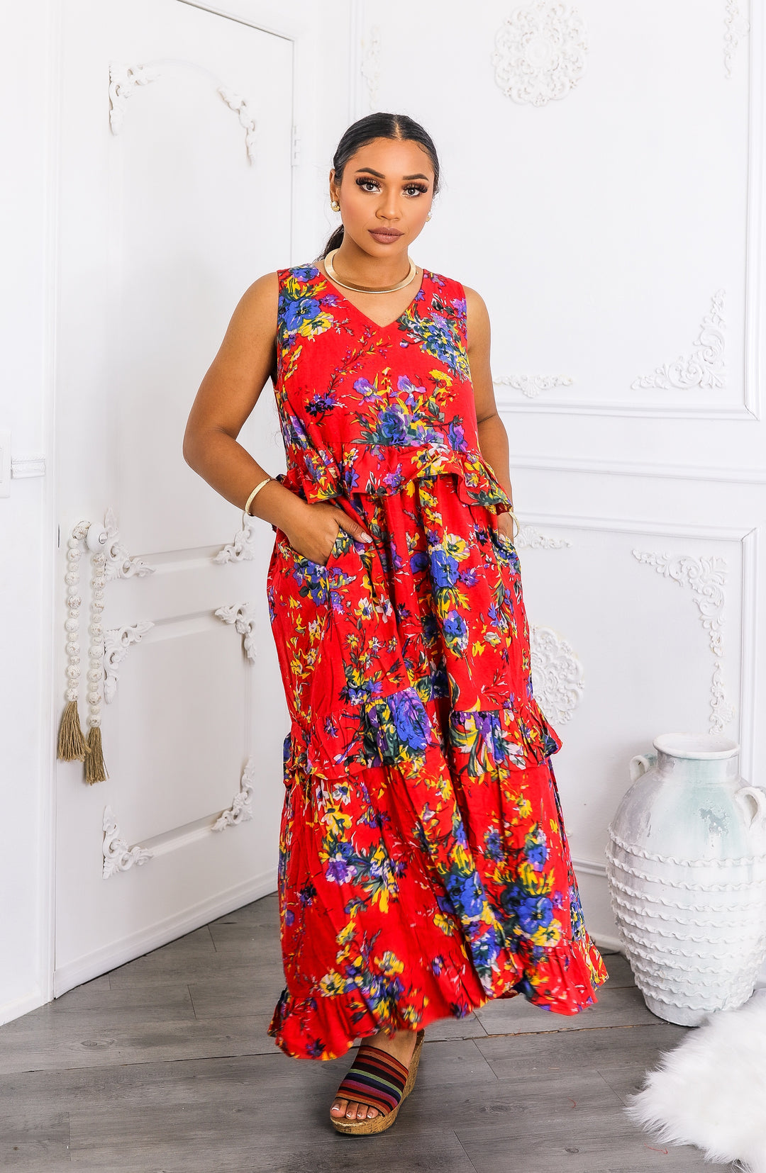 Red Floral Tiered Ruffle Maxi Dress with Pockets