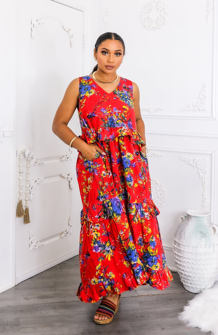 Red Floral Tiered Ruffle Maxi Dress with Pockets