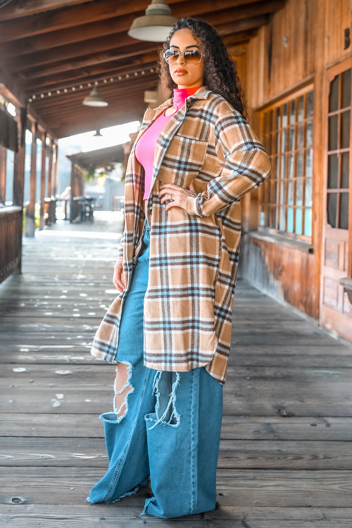 Camel Plaid Long Shacket – Oversized Button Down Coat for Women