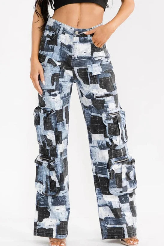 Denim Patchwork Cargo Jeans | Abstract Print Multi-Pocket Wide Leg Jeans