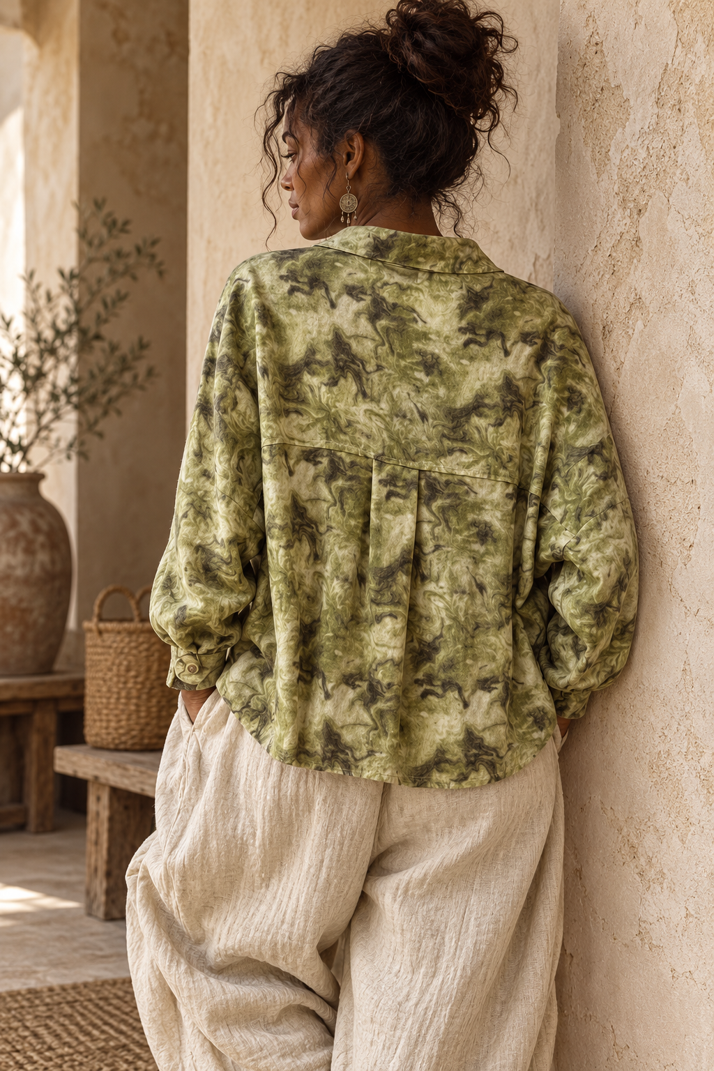 Moss Marble Print Oversized Shirt Jacket – Boho Utility Chore Jacket