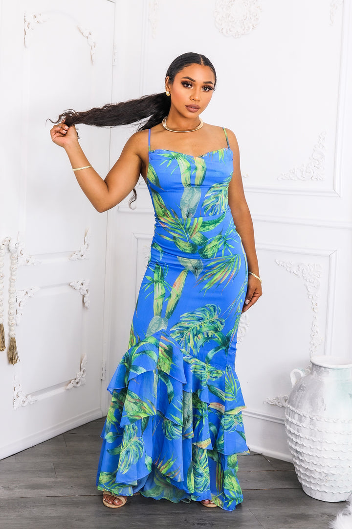 Bold Blue Leaf Print Maxi Dress with Ruffle Hem