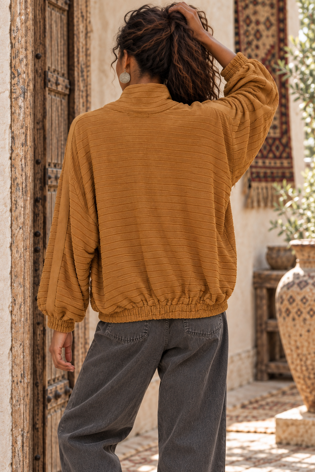 Camel Ribbed Bomber Jacket – Boho Mock Neck Oversized Button Jacket