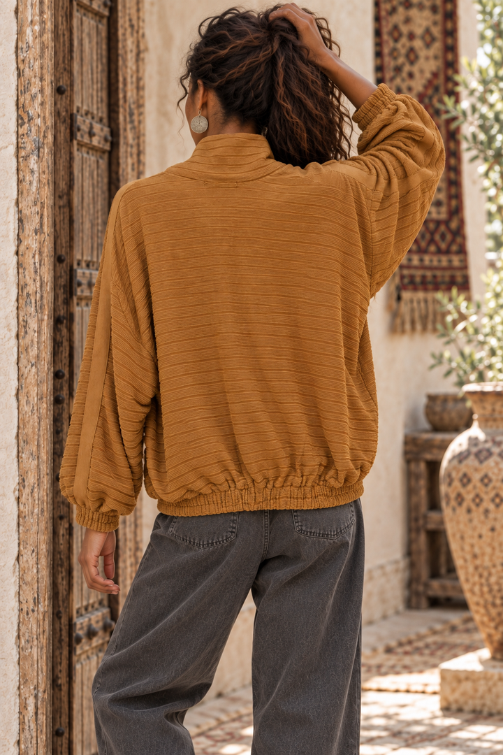 Camel Ribbed Bomber Jacket – Boho Mock Neck Oversized Button Jacket