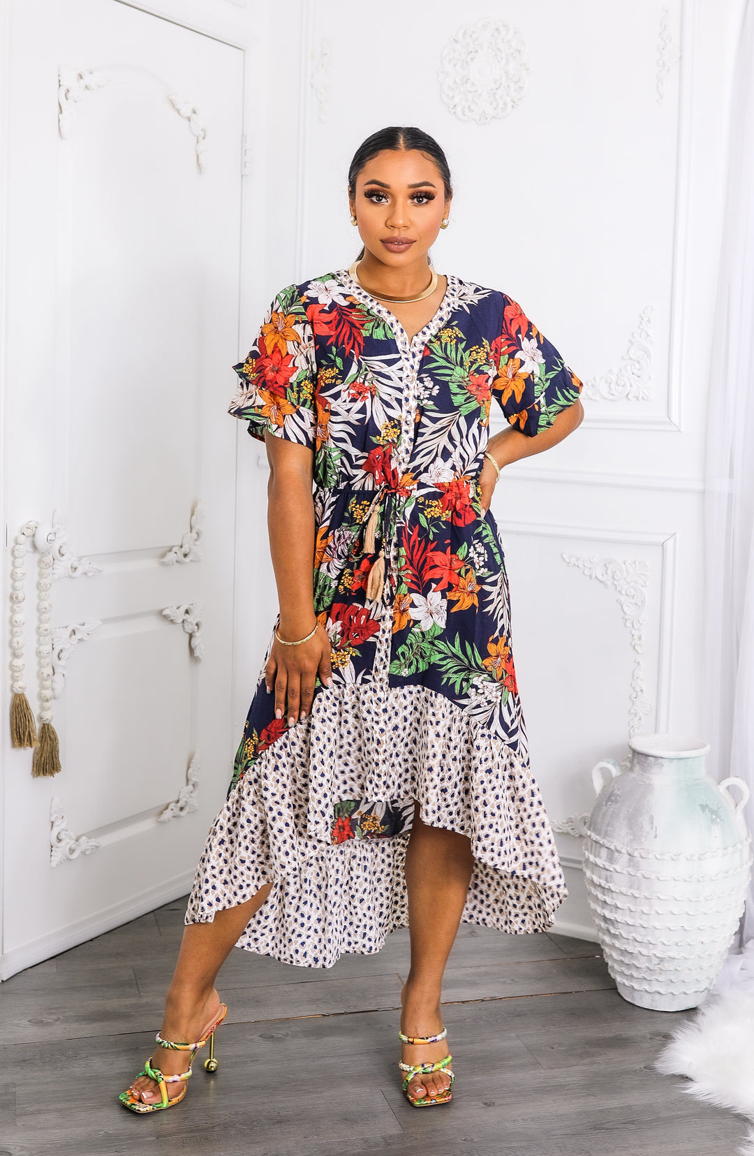 Tropical Bloom High-Low Midi Dress with Tie Waist