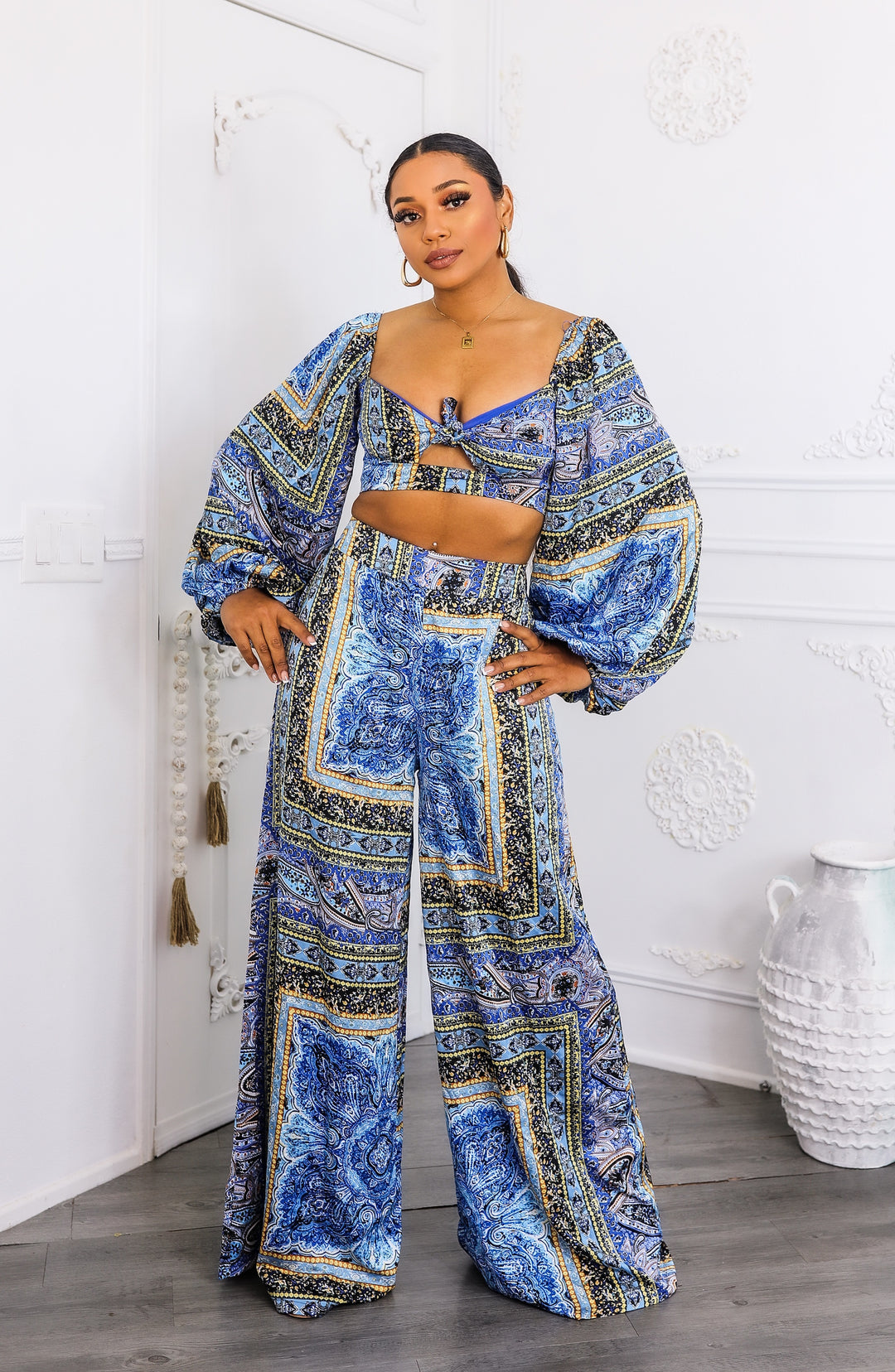 Bold Baroque Print Two-Piece Set – Tie Front Crop & Wide Pants