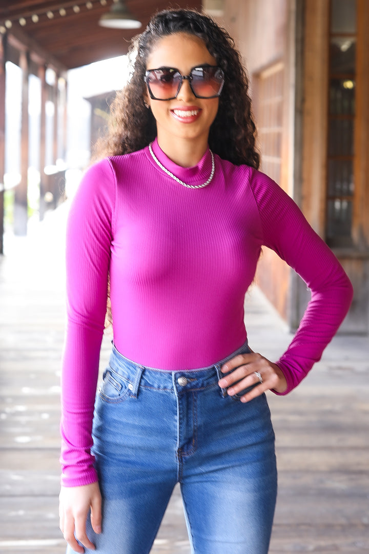 Fuchsia Ribbed Long Sleeve Top – Mock Neck Stretch Fitted Shirt