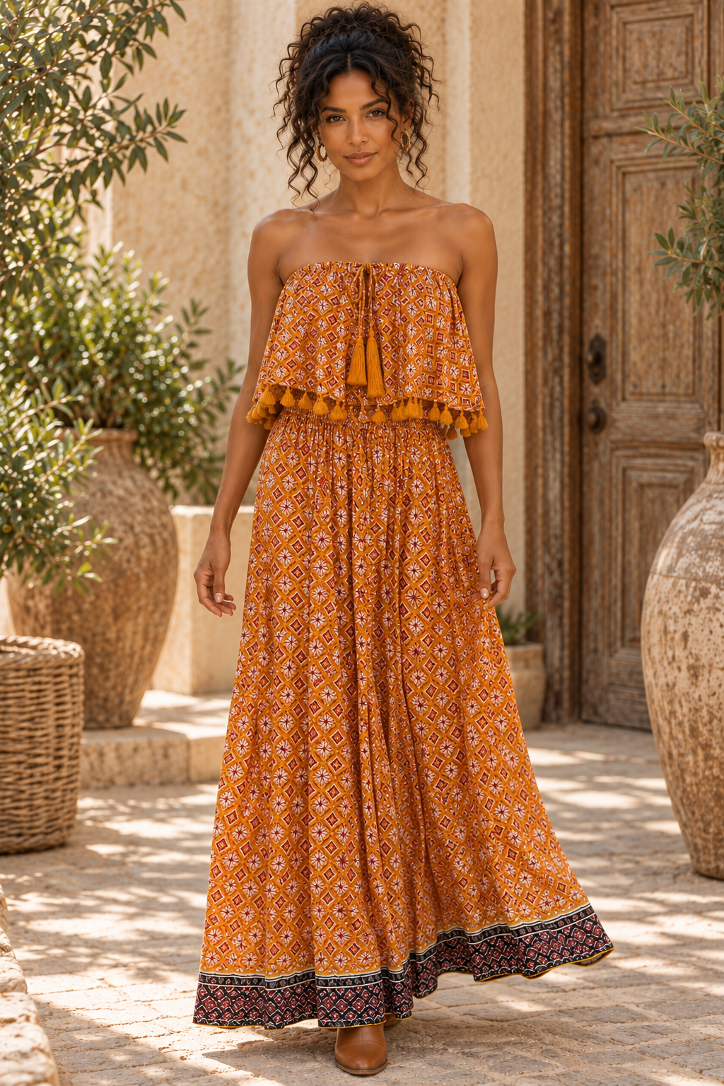 Orange Block Print Strapless Maxi Dress – Boho Tassel Ruffle Smocked Dress