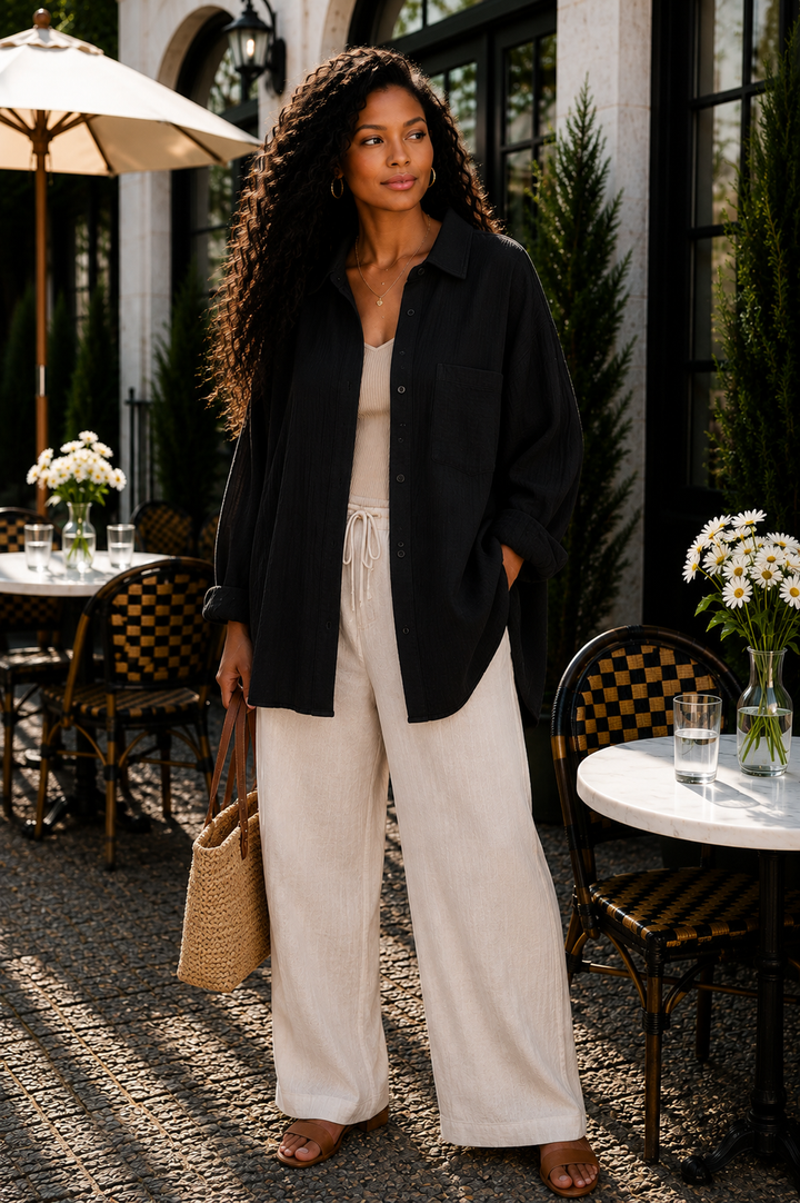 Oversized Cotton Gauze Button-Front Shirt