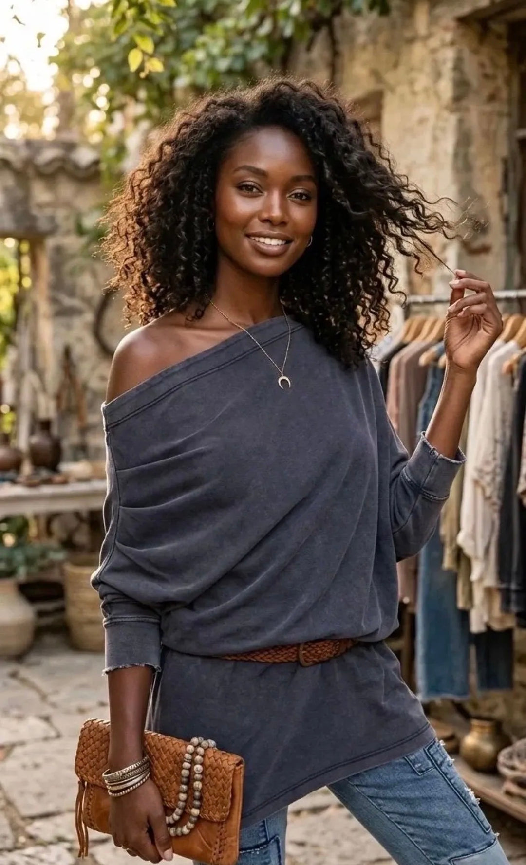Weekend Wander Mineral Wash Off-Shoulder Oversized Top