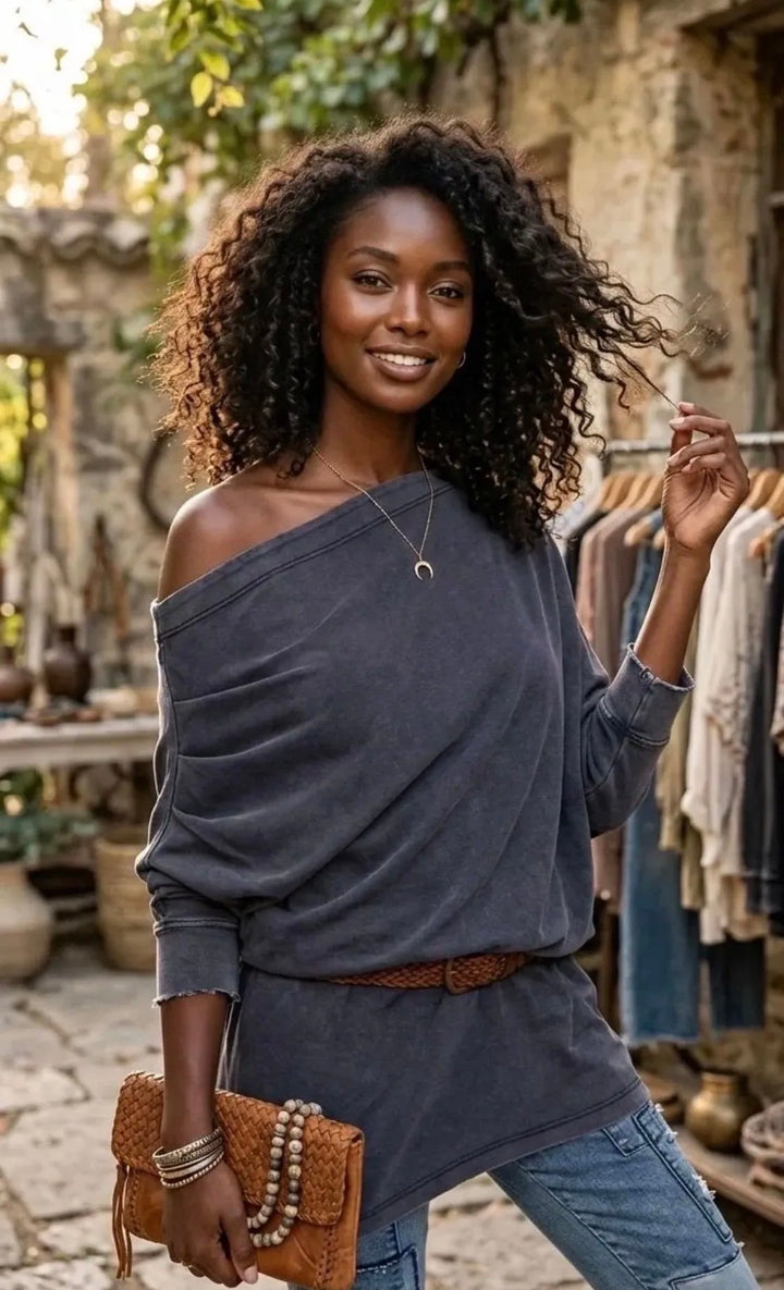 Weekend Wander Mineral Wash Off-Shoulder Oversized Top