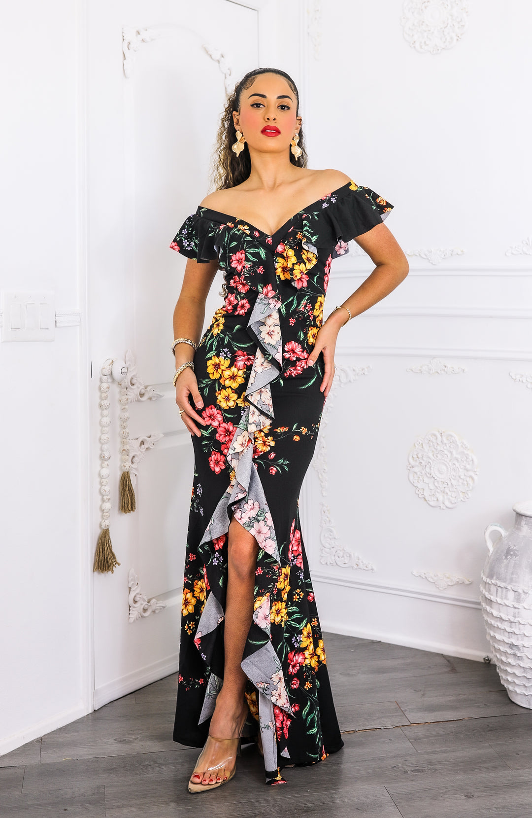 Two-Way Black Floral Ruffle Maxi Dress | SurelyMine L Two-Way Black Floral Ruffle Maxi Dress | SurelyMine L