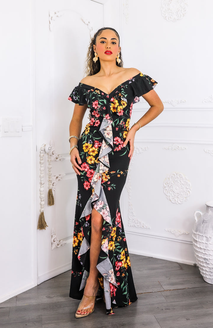 Two-Way Black Floral Ruffle Maxi Dress | SurelyMine