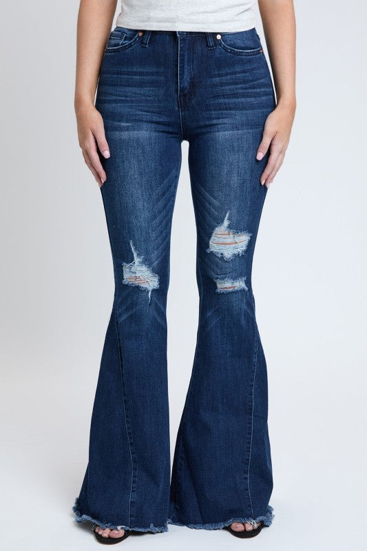 High-Waisted Distressed Flare Jeans – Dark Wash