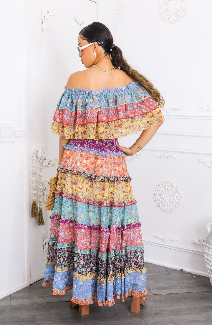 Boho Floral Ruffle Crop Top & Maxi Skirt Set