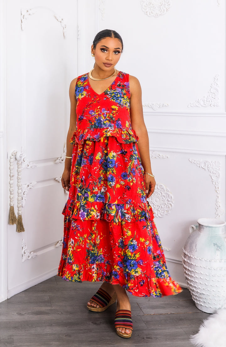 Red Floral Tiered Ruffle Maxi Dress with Pockets