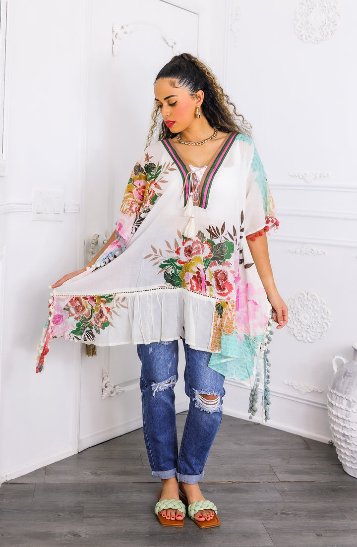 Boho Floral Tassel Kaftan Top – Lightweight Festival Tunic